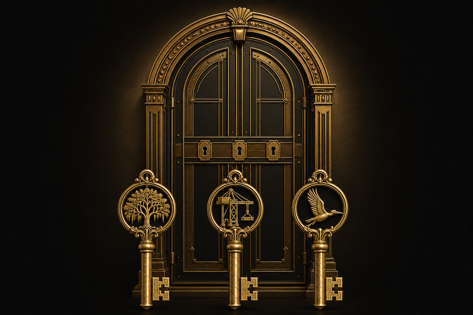 An ornate arched door framed by three gold keys representing knowledge, diligence, and opportunity